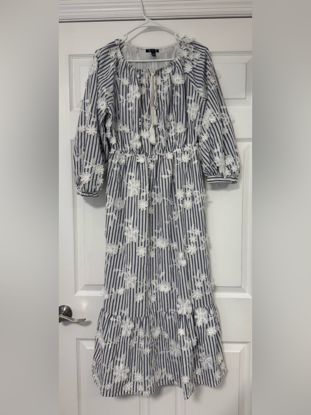 Women’s Navy and White Striped Floral Embroidered Dress with Lace Details